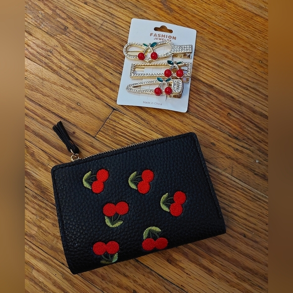 unbranded Accessories - Cherry Embroidered Wallet W/ Hair Barrettes